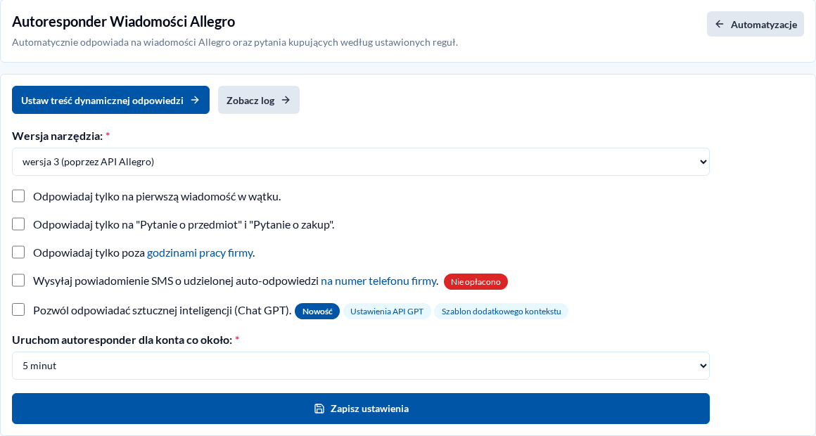 Ustawienia Autorespondera Wiadomości Allegro w jasnym motywie