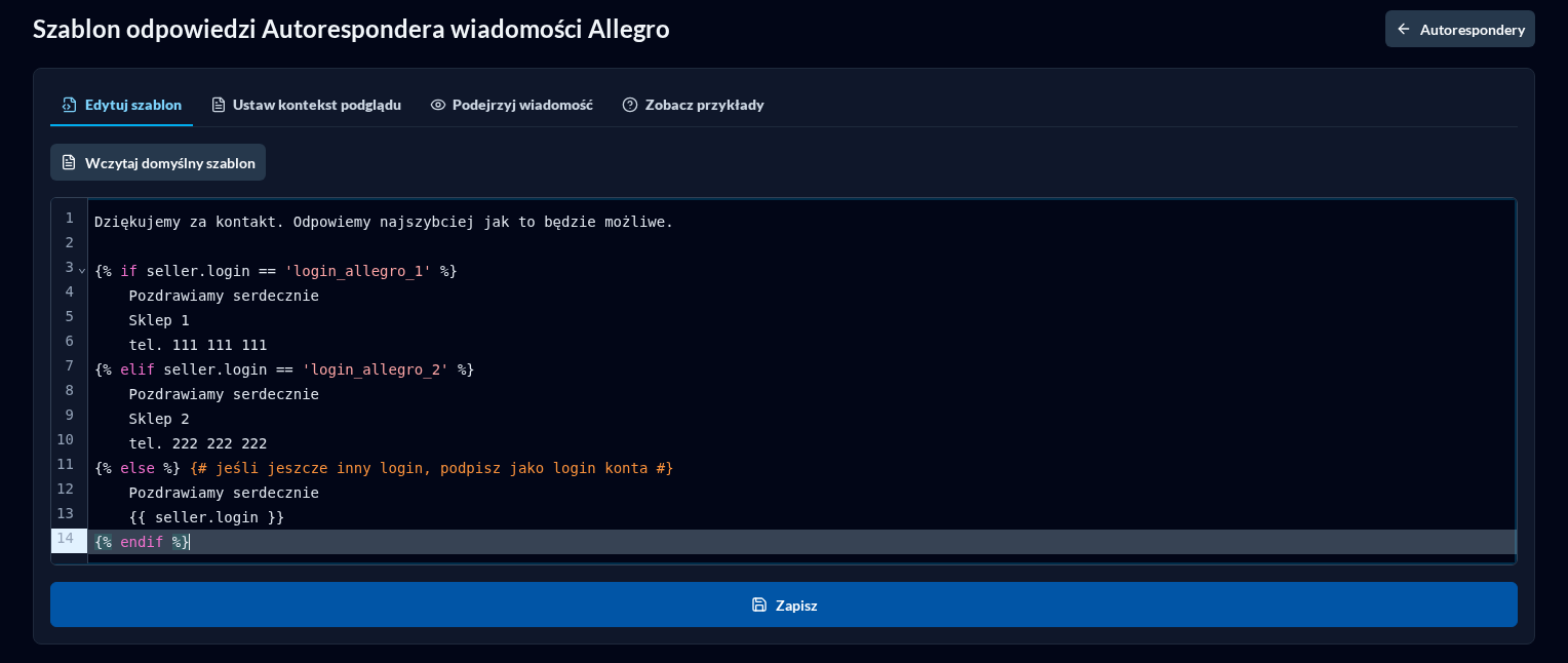 Nowy edytor dynamicznego szablonu Autorespondera Allegro w ciemnym motywie