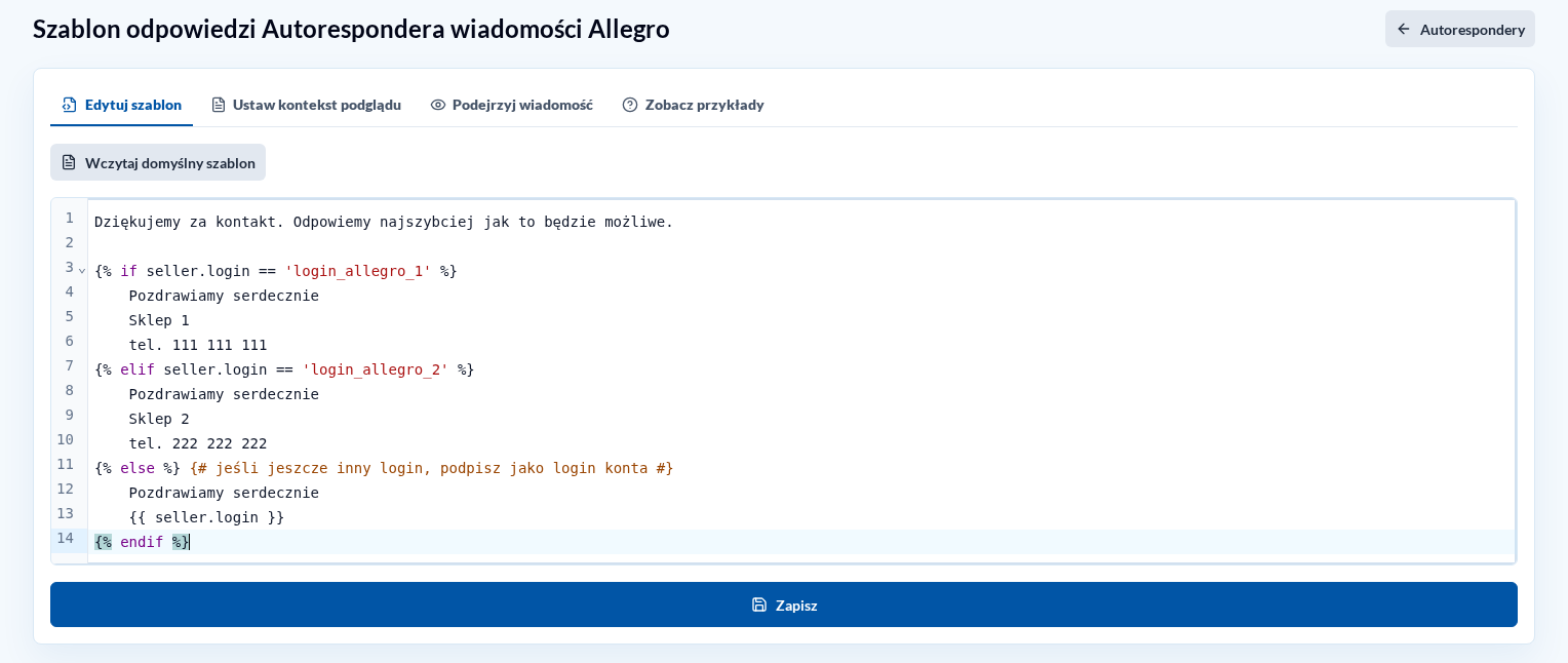 Nowy edytor dynamicznego szablonu Autorespondera Allegro w jasnym motywie