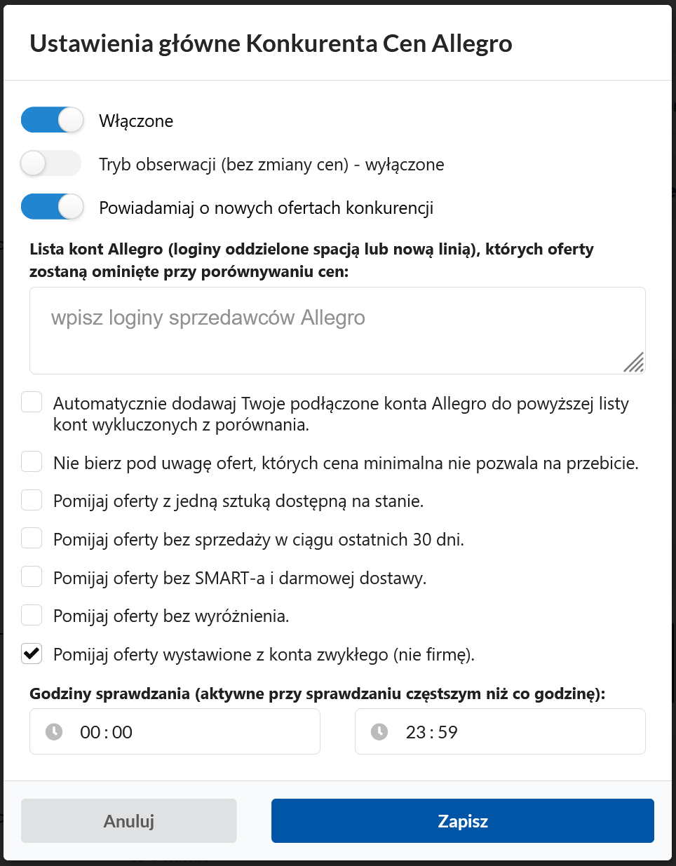 Ustawienia główne Konkurenta Cen Allegro