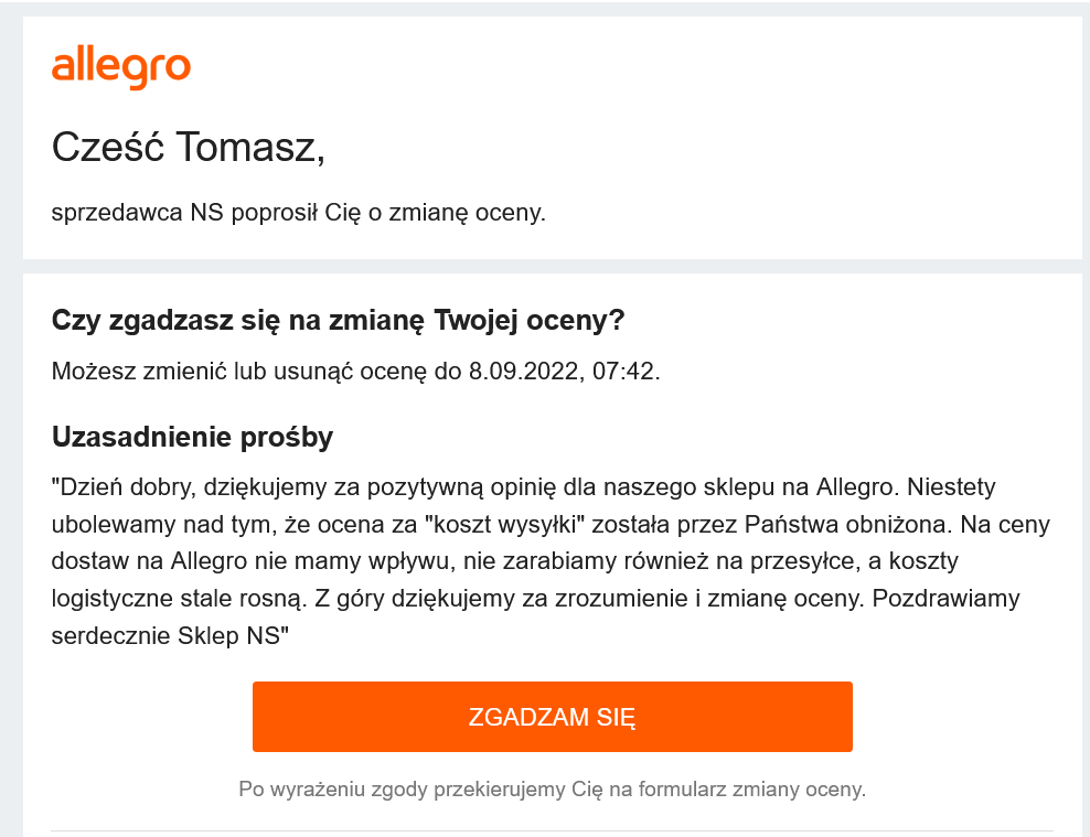 Prośba o usunięcie opinii na Allegro